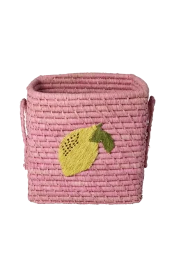 Online Raffia Square Basket med Big Lemon-broderi och raffiahandtag - Small Köksförvaring|Korgar
